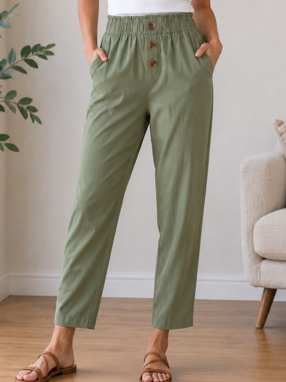 NWT Olive Green High-Waist Button Front Pants